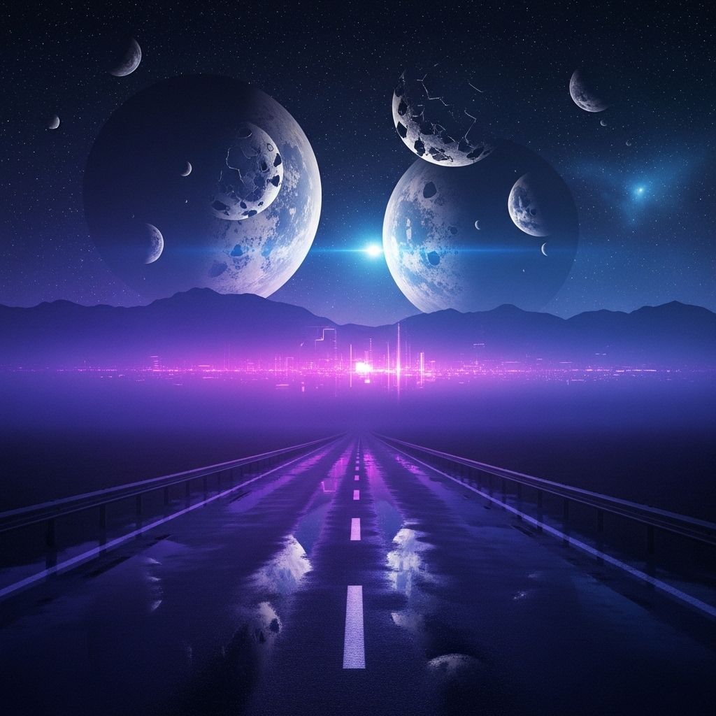 A dark, cinematic synthwave scene where a lonely night road fades into an otherworldly cosmic landscape. The city feels distant and abstract, barely visible through deep violet and blue mist. Above the horizon, massive planets and fractured moons glow softly, suspended in the dark sky like ancient celestial beings.