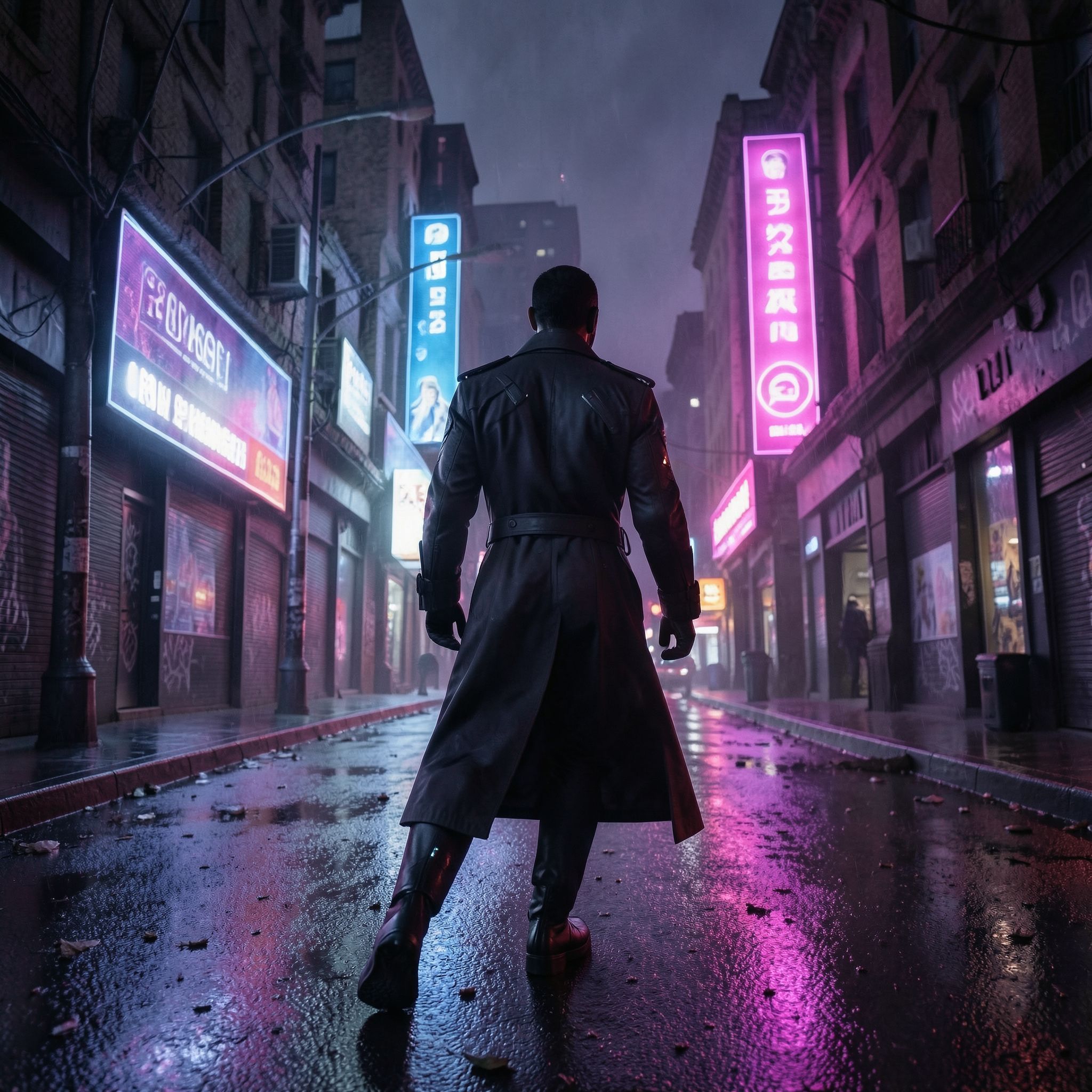 A lone figure in a sleek, high-tech trench coat strides down a desolate neon-lit boulevard, their silhouette flickering under the glow of holographic billboards casting eerie purple and crimson hue...