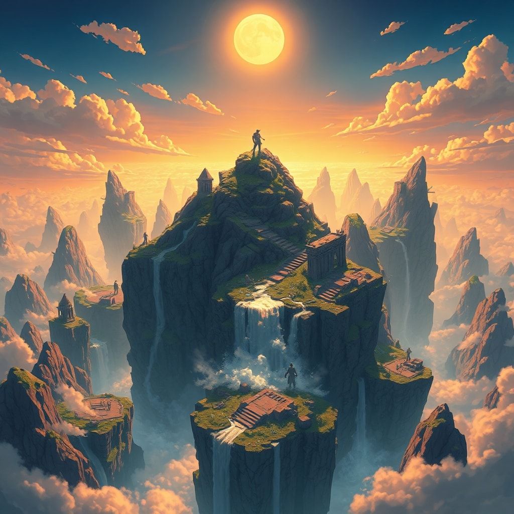 A vast expanse of floating islands drifts through a golden twilight sky, their jagged cliffs adorned with ancient ruins and cascading waterfalls. A lone adventurer stands atop the highest peak, sil...