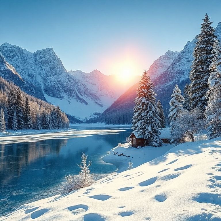 A breathtaking winter landscape featuring snow-covered mountains, a frozen lake reflecting the clear blue sky, and a cozy wooden cabin nestled among snow-laden pine trees. The scene is bathed in soft, golden sunlight from a low winter sun, creating a serene and magical atmosphere. Photorealistic style, high resolution, vibrant colors, detailed snow texture, and a sense of tranquility and wonder.