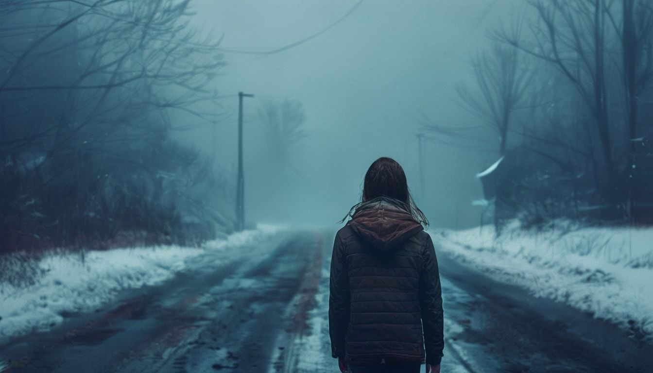 A girl with her back turned stands in a jacket on a winter road, an atmosphere of melancholy, loneliness and blue fog everywhere, as in dark ambient