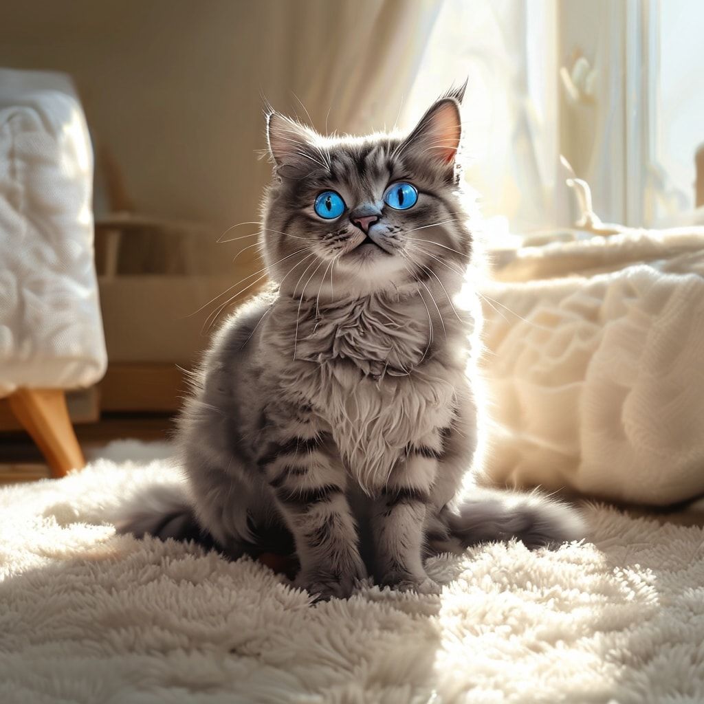 A cute, fluffy gray tabby cat with bright blue eyes, sitting on a soft, white carpet in a cozy living room with sunlight streaming through a window, looking directly at the viewer with a playful and friendly expression. Photorealistic style, high detail, vibrant colors, 4K resolution, 1024x1024 pixels.