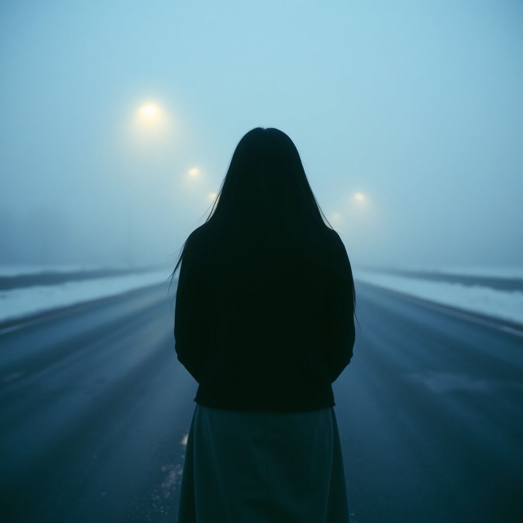 A girl with long black hair stands facing away, looking into the distance on a foggy road. The winter atmosphere feels cold and damp, like after a light rain. Thick February fog drifts across the empty road, reflecting soft, muted streetlight glow. The ground is slightly wet, adding subtle reflections. Pale blue and gray tones dominate the scene. The mood is quiet, melancholic, and cinematic, as if frozen in time. Cinematic composition, wide-angle shot, soft diffused lighting, shallow depth of field, realistic textures, gentle film grain, emotional winter atmosphere, like a scene from a slow, intimate film.