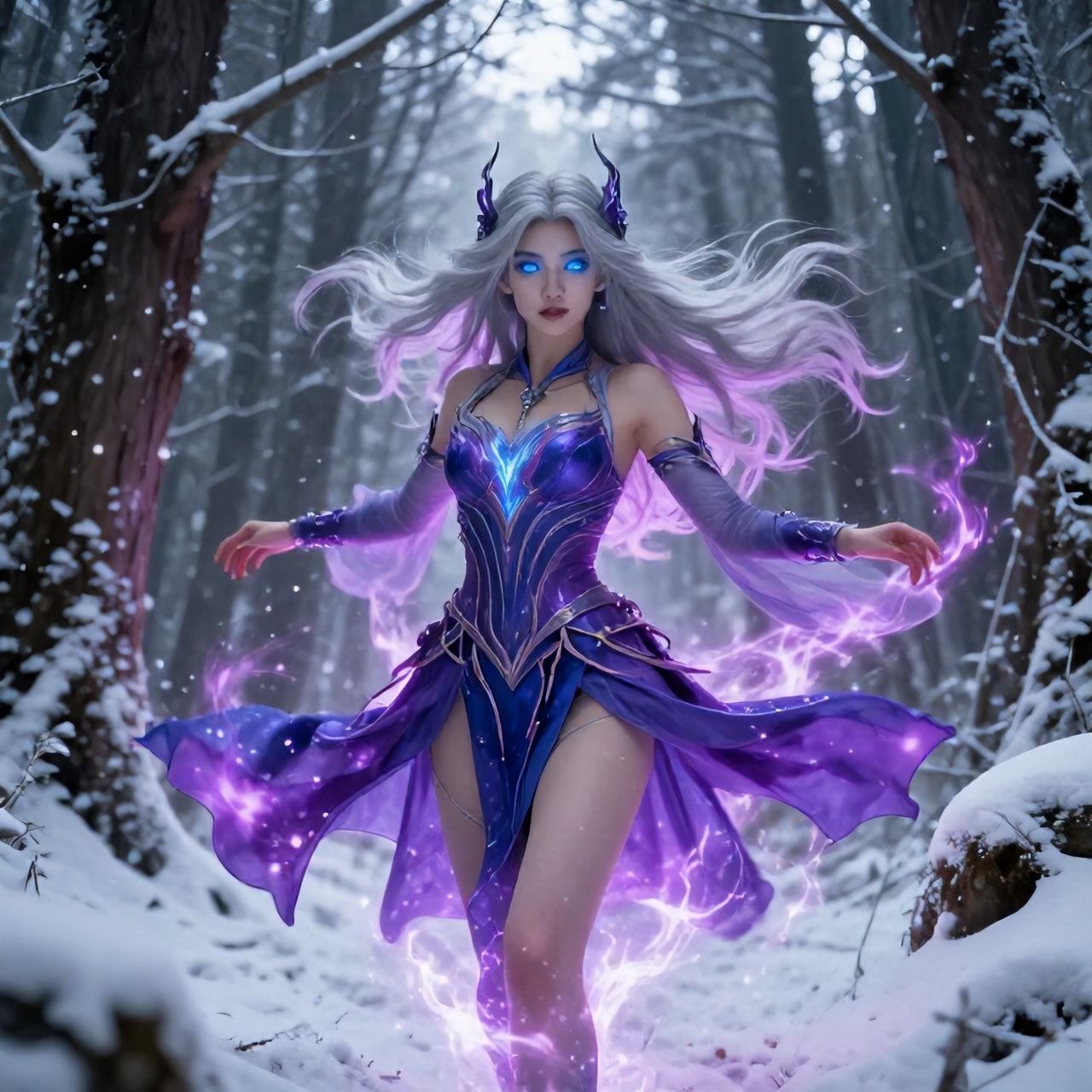 mystical young woman with silver hair and glowing blue eyes stands amidst an ancient, snow-laden forest, magical aura