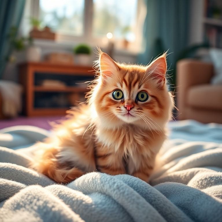 A cute, fluffy cat with bright green eyes, sitting on a soft, light-blue blanket in a cozy living room with warm sunlight streaming through the window, photorealistic style, high quality, detailed fur texture, warm and inviting atmosphere