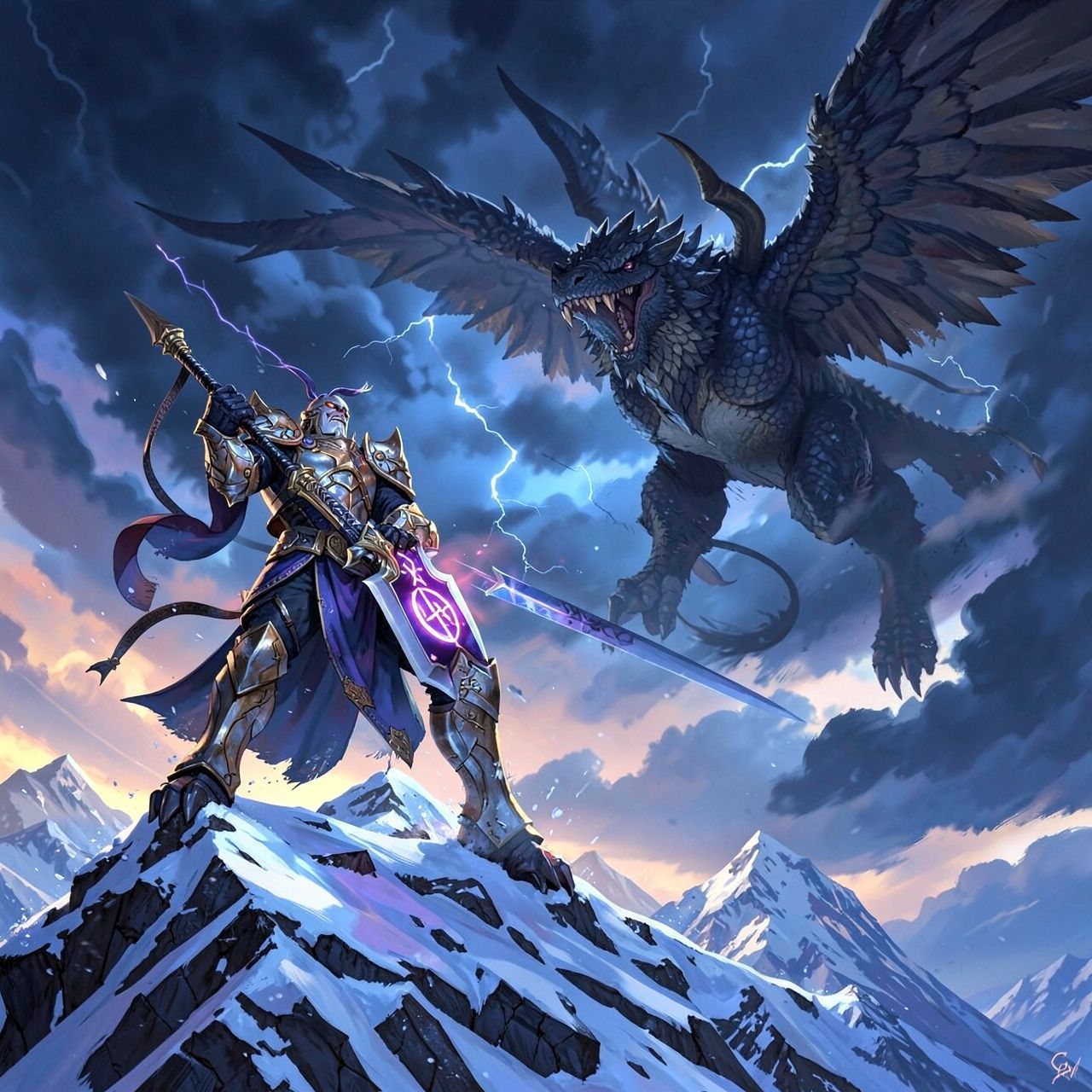 A towering, armored warrior stands atop a snow-capped peak, wielding a glowing rune-etched blade as a colossal, scaled beast descends from storm-wracked skies, its wings casting jagged shadows over...