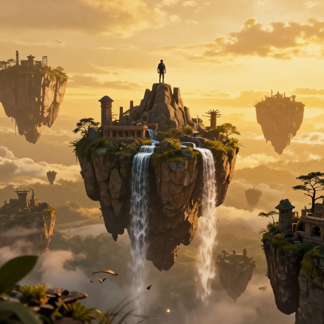 A vast expanse of floating islands drifts through a golden twilight sky, their jagged cliffs adorned with ancient ruins and cascading waterfalls. A lone adventurer stands atop the highest peak, sil...