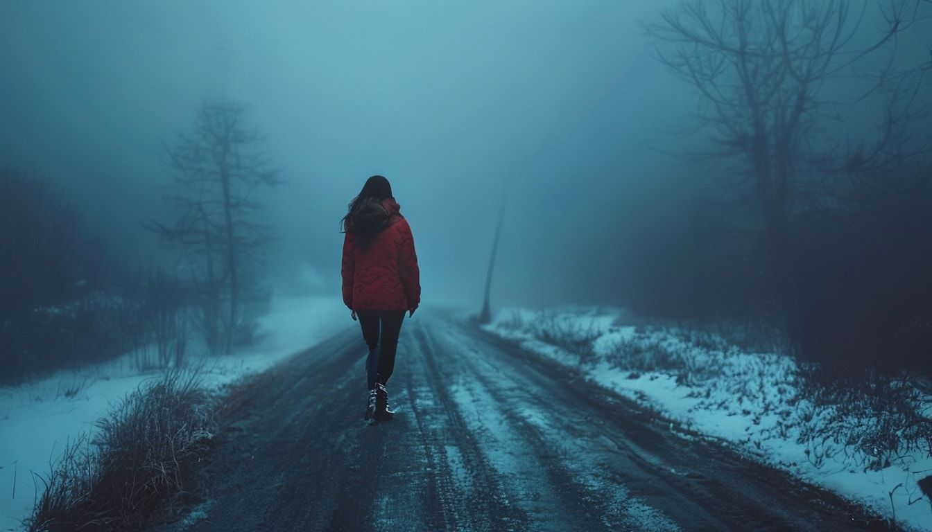 A girl with her back turned stands in a jacket on a winter road, an atmosphere of melancholy, loneliness and blue fog everywhere, as in dark ambient