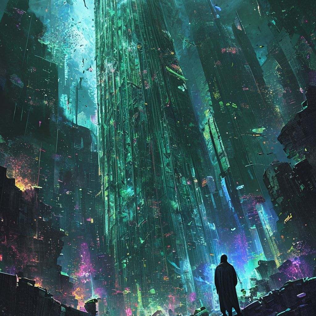 A towering, vine-choked skyscraper looms over a fractured metropolis, its glass panes shattered like dragon scales, while bioluminescent fungi pulse in the ruins below. A lone, hooded figure stands...