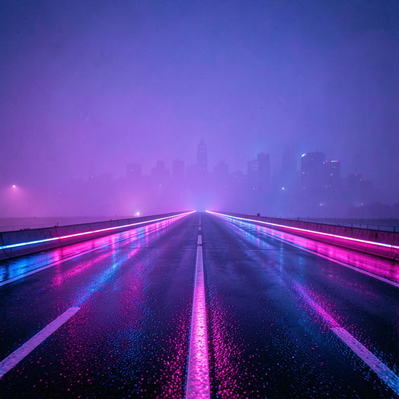 A cinematic synthwave scene at night: a long, empty futuristic road dominates the foreground, glowing with neon pink and electric blue light. Wet asphalt reflects the neon glow, creating strong symmetrical reflections and a sense of motion and depth. In the far distance, a futuristic city skyline is barely visible through thick violet-blue fog, reduced to soft silhouettes with no visible details. The focus is entirely on the road and atmosphere, not the buildings. The mood is lonely, epic, and retro-futuristic, inspired by synthwave aesthetics. 80s cyberpunk mood, neon haze, minimal city presence, wide-angle perspective, cinematic lighting, retro-futurism, ultra-detailed, high contrast, album cover, 4K, no text, no signs, no billboards, no letters, no symbols, no logos.