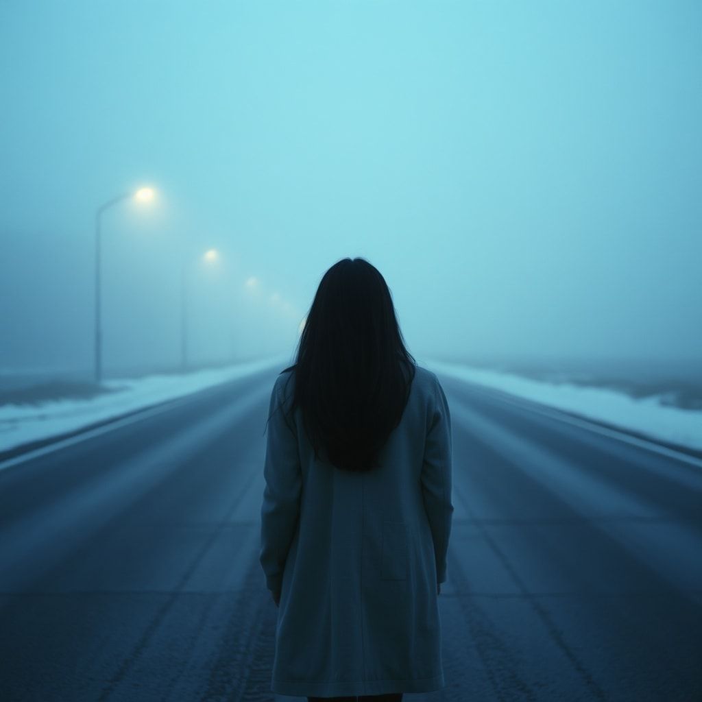 A girl with long black hair stands facing away, looking into the distance on a foggy road. The winter atmosphere feels cold and damp, like after a light rain. Thick February fog drifts across the empty road, reflecting soft, muted streetlight glow. The ground is slightly wet, adding subtle reflections. Pale blue and gray tones dominate the scene. The mood is quiet, melancholic, and cinematic, as if frozen in time. Cinematic composition, wide-angle shot, soft diffused lighting, shallow depth of field, realistic textures, gentle film grain, emotional winter atmosphere, like a scene from a slow, intimate film.