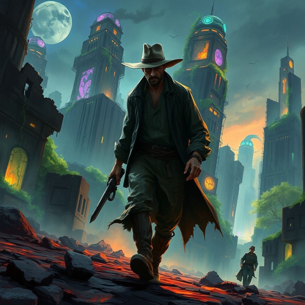 A solitary traveler in a frayed, oil-stained duster trudges through the ruins of a forgotten metropolis, its crumbling skyscrapers choked by bioluminescent vines that pulse with an eerie glow under...