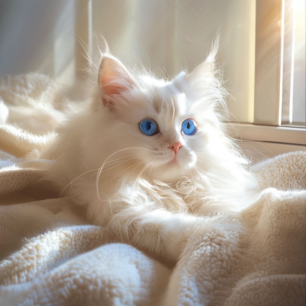A cute fluffy long-haired white cat with bright blue eyes, lying on a soft cream-colored blanket in a sunlit window. The cat is looking directly at the viewer with a curious expression. Highly detailed photorealistic style, bright and warm lighting, 1024x1024 pixels