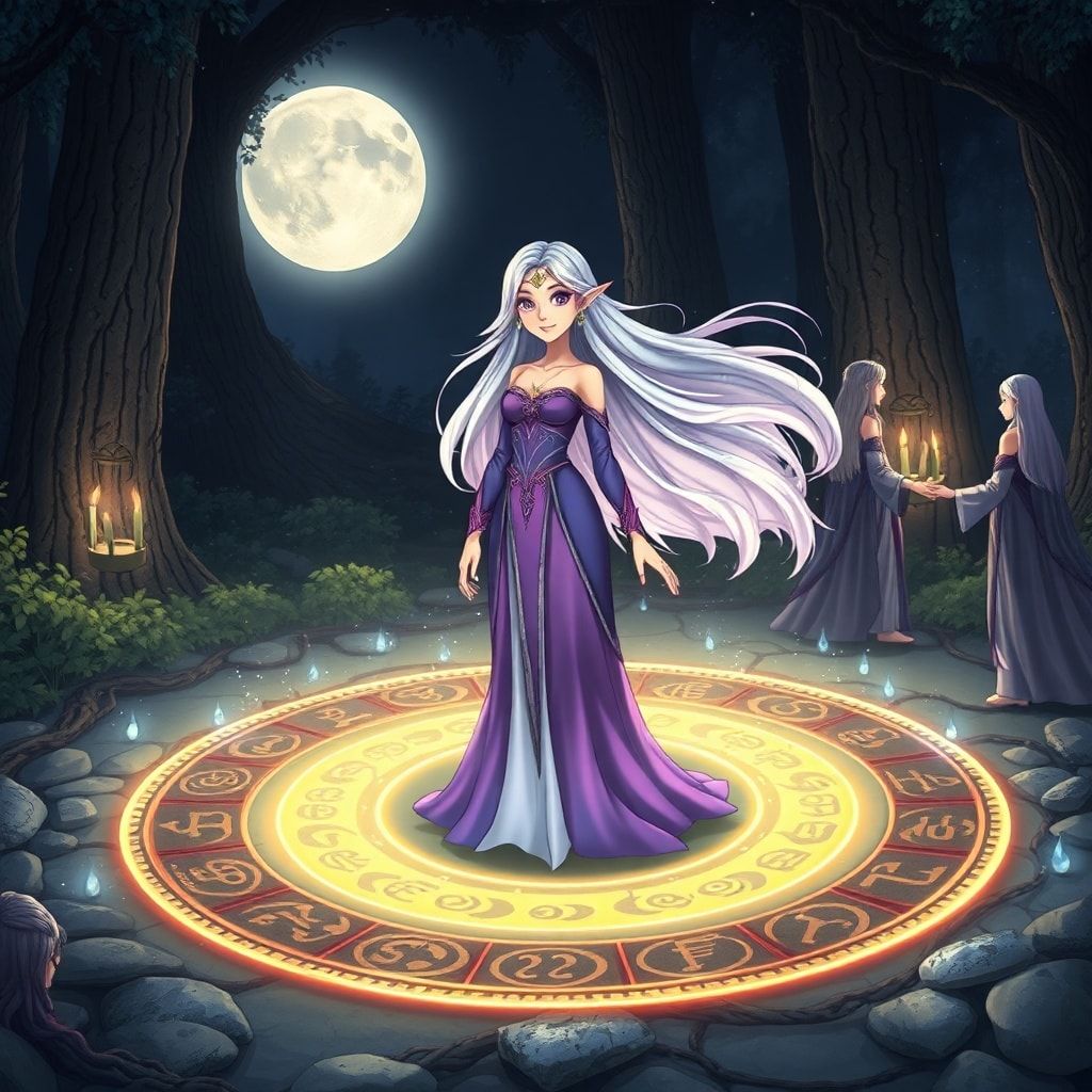 Elven magic circle ritual fantasy scene, beautiful elven maiden with long flowing silver hair standing inside a glowing magical circle, elegant elven woman in a flowing violet and silver dress with a serene expression, ancient runes and symbols forming a luminous circle on the ground, protective ward rising like a dome of light, other elven figures joining hands at the circle edge, sacred grove at night, soft moonlight and mystical particles, cinematic composition, cartoon style, anime art style, fantasy art style, mystical and protective mood, detailed and atmospheric, ethereal beauty, animated style, vibrant colors, cartoon style