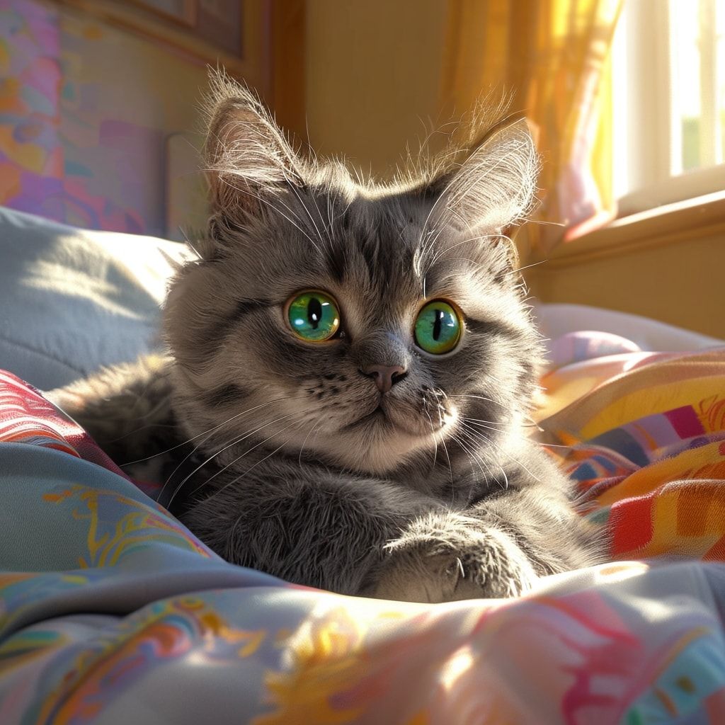 A cute, fluffy gray tabby cat with bright green eyes, lying on a soft bed with a colorful blanket, in a sunlit bedroom, looking at the camera with a curious and playful expression. Photorealistic style, high detail, vibrant colors, 4K resolution, 1024x1024 pixels.