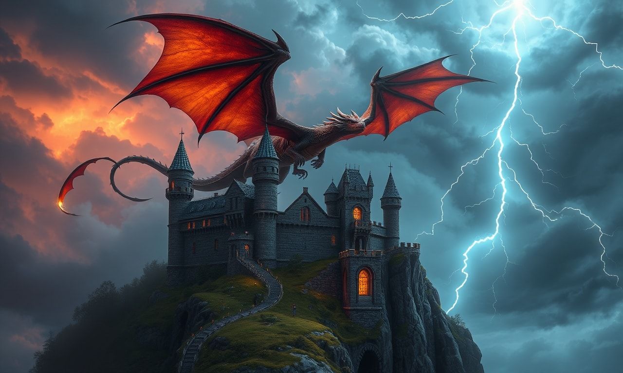 A lone elven arMajestic dragon flying over a medieval fantasy castle on a cliff, storm clouds, lightning, epic scale, dramatic lighting, digital fantasy painting