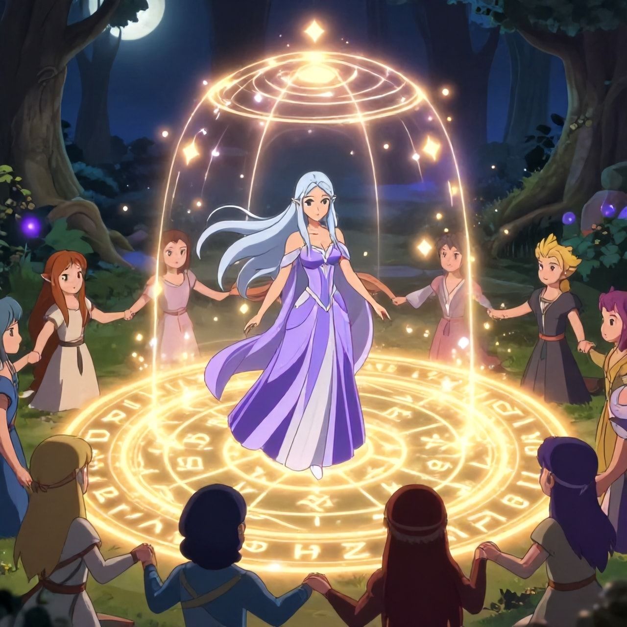 Elven magic circle ritual fantasy scene, beautiful elven maiden with long flowing silver hair standing inside a glowing magical circle, elegant elven woman in a flowing violet and silver dress with a serene expression, ancient runes and symbols forming a luminous circle on the ground, protective ward rising like a dome of light, other elven figures joining hands at the circle edge, sacred grove at night, soft moonlight and mystical particles, cinematic composition, cartoon style, anime art style, fantasy art style, mystical and protective mood, detailed and atmospheric, ethereal beauty, animated style, vibrant colors, cartoon style