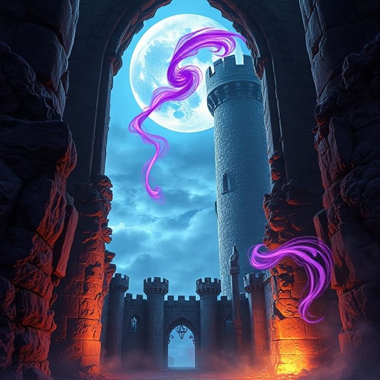 A towering, crumbling stone archway in a moonlit abandoned castle, glowing with swirling violet and gold runes