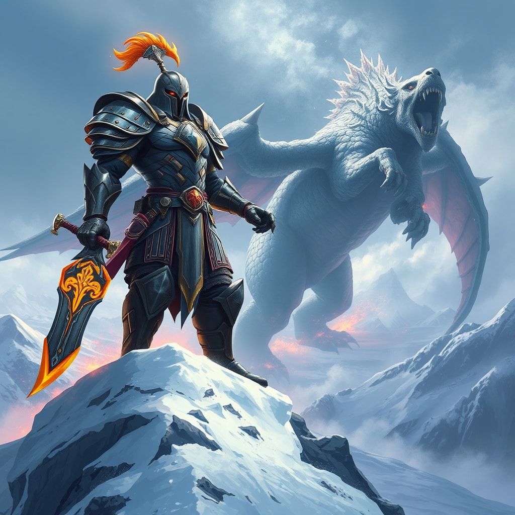 A towering, armored warrior stands atop a snow-capped peak, wielding a glowing rune-etched blade as a colossal, scaled beast descends from storm-wracked skies, its wings casting jagged shadows over...