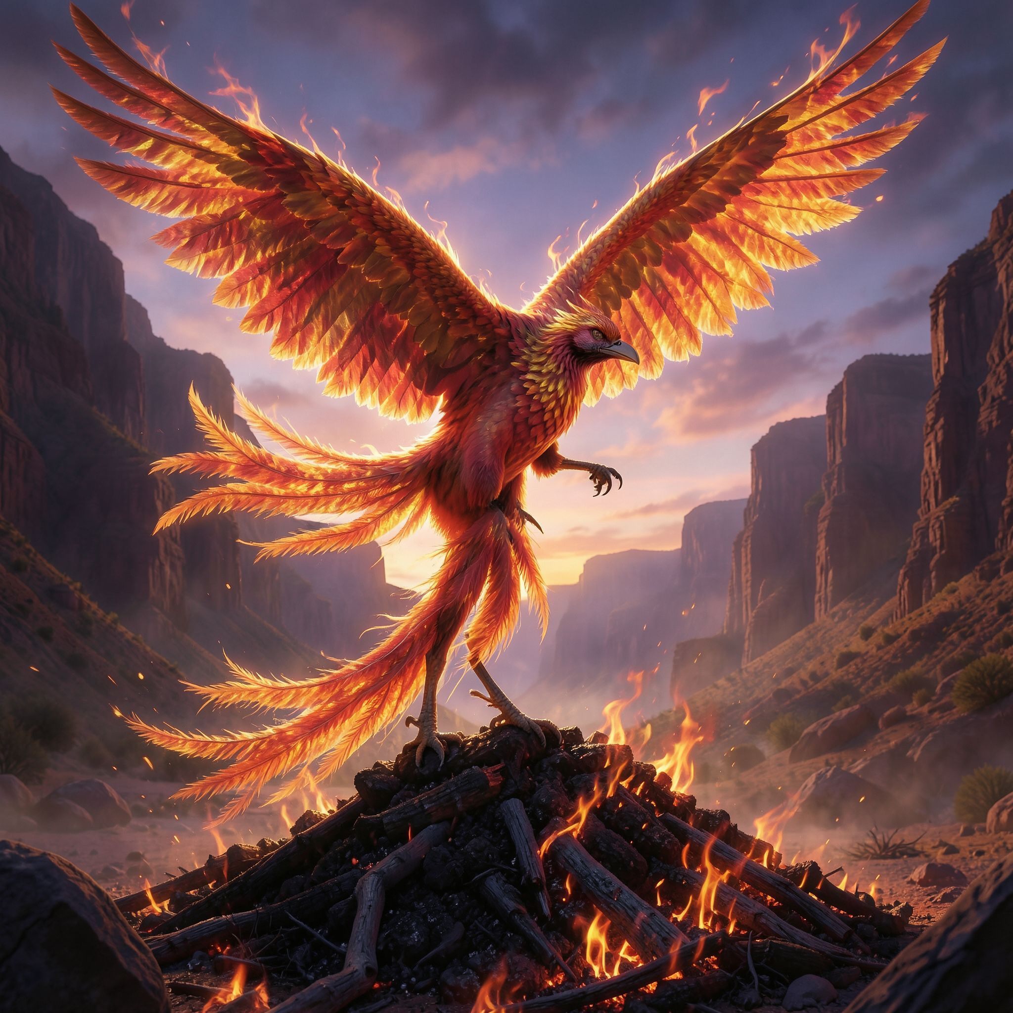 A majestic phoenix, its iridescent plumage shimmering in golden and crimson flames, ascends gracefully from a smoldering ash mound in a vast, windswept canyon at dusk, its wings casting dramatic si...