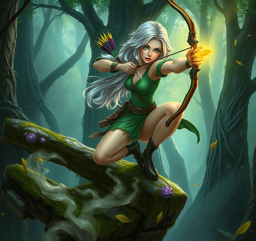 A lithe, silver-haired archer with emerald eyes draws her enchanted bow, arrow glowing with arcane energy, perched on a moss-covered ruin in an ancient forest. Mist swirls around her ankles as gold...