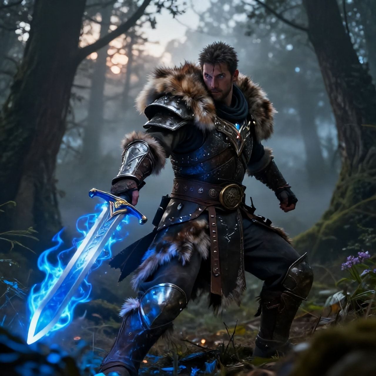 A battle-worn fantasy warrior, clad in tattered fur and enchanted steel, stands amidst a mist-shrouded forest at dusk, his sword glowing with ethereal blue flames as he faces an unseen foe, surroun...