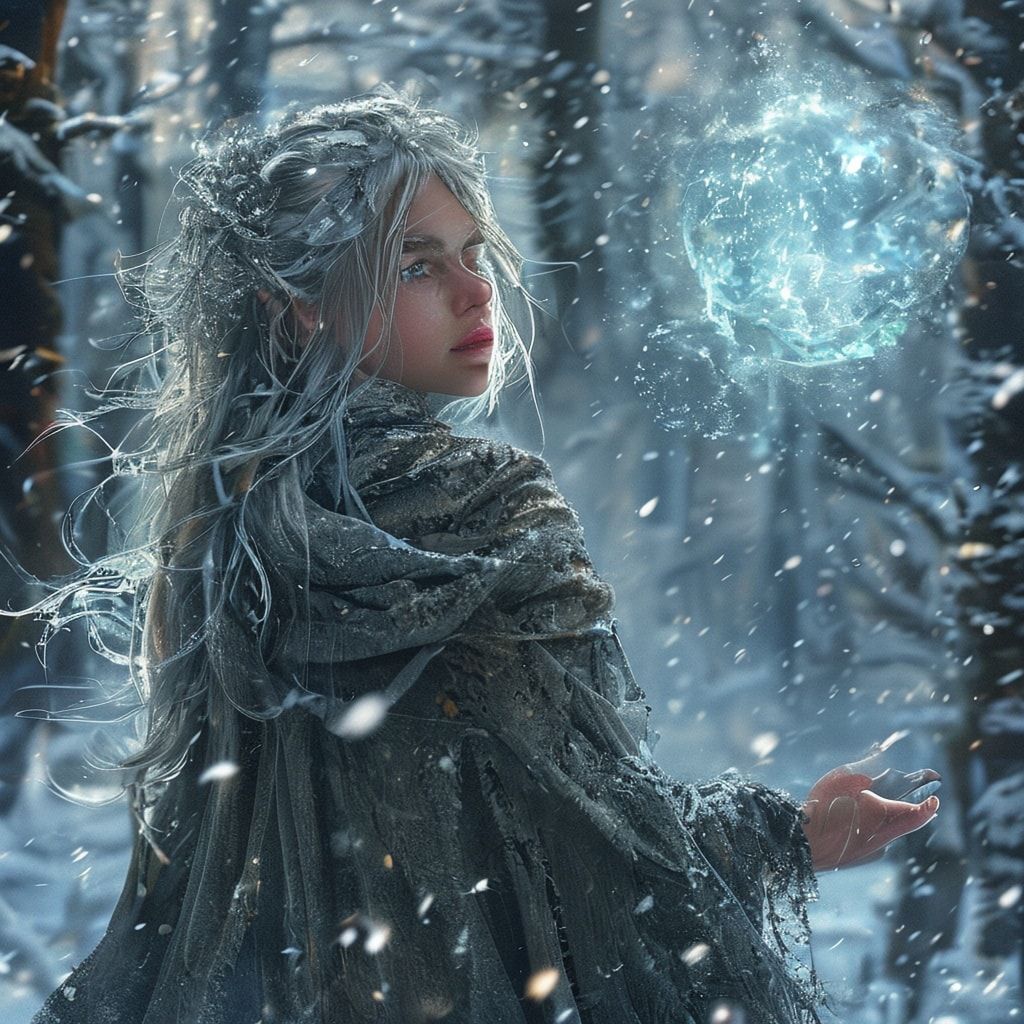 A mystical young woman with silver hair and glowing blue eyes stands amidst an ancient, snow-laden forest, her tattered cloak billowing in the icy wind as she gazes at a floating orb of ethereal li...