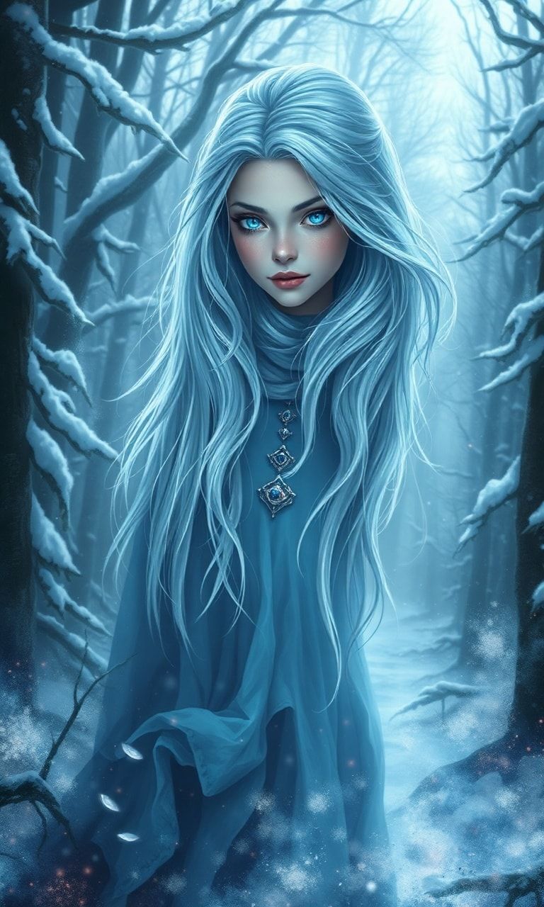 mystical young woman with silver hair and glowing blue eyes stands amidst an ancient, snow-laden forest