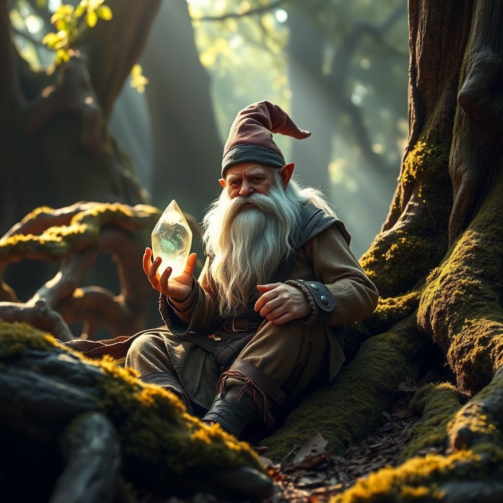 A photorealistic gnome with a long white beard and weathered leather attire, holding a glowing crystal, seated amidst ancient moss-covered roots in an enchanted forest, soft dappled sunlight filtering through the canopy, warm earthy tones with subtle magical luminescence, highly detailed, 8K resolution.