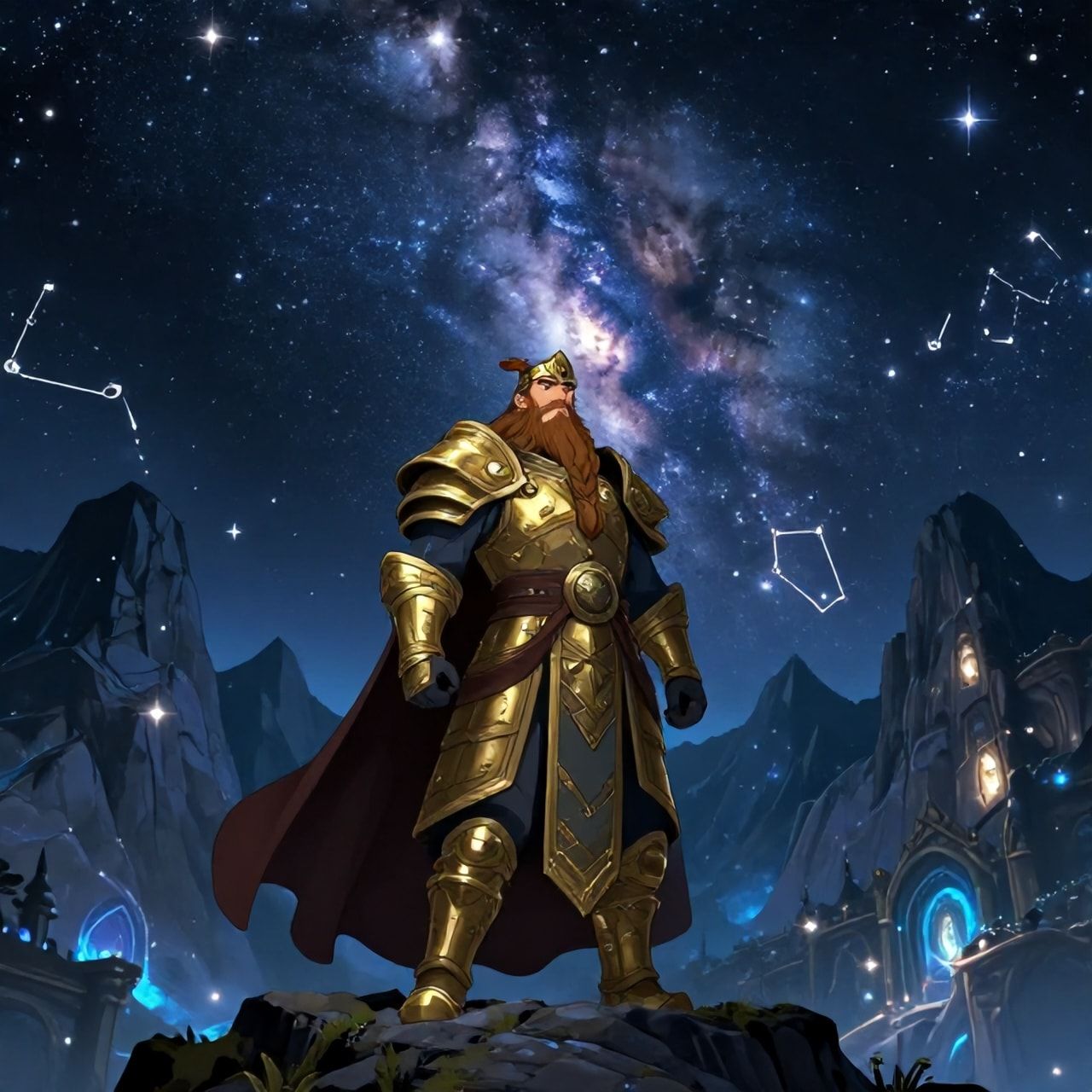Dwarven starry night over mountains fantasy landscape, majestic dwarven warrior with long braided beard and ornate golden armor standing proudly on mountain peak under starry night sky, countless stars and constellations twinkling above, Milky Way arching across dark sky, mountain peaks silhouetted against star-filled heavens, ancient dwarven architecture on mountain slopes, ethereal blue and silver lighting from starlight, magical atmosphere, cinematic composition, cartoon style, anime art style, fantasy art style, proud and mystical mood, detailed and atmospheric, mystical glowing stars, elegant dwarven woman in ceremonial dress, strong expression, noble beauty, animated style, vibrant colors