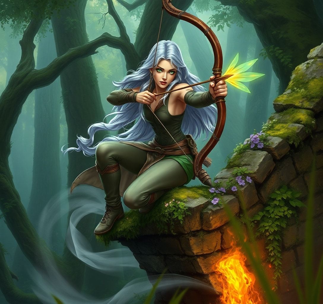 A lithe, silver-haired archer with emerald eyes draws her enchanted bow, arrow glowing with arcane energy, perched on a moss-covered ruin in an ancient forest. Mist swirls around her ankles as gold...