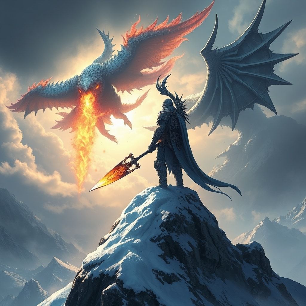 A towering, armored warrior stands atop a snow-capped peak, wielding a glowing rune-etched blade as a colossal, scaled beast descends from storm-wracked skies, its wings casting jagged shadows over...