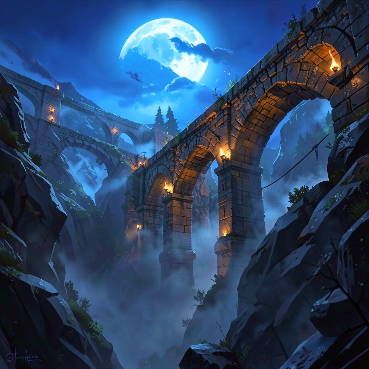 A towering stone bridge spans a misty ravine under a moonlit sky, its ancient arches glowing with flickering torchlight, casting long shadows on the weathered stone. The distant sound of howling wi...