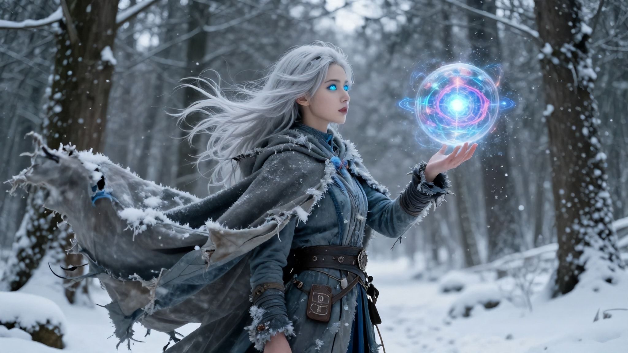 A mystical young woman with silver hair and glowing blue eyes stands amidst an ancient, snow-laden forest, her tattered cloak billowing in the icy wind as she gazes at a floating orb of ethereal li...