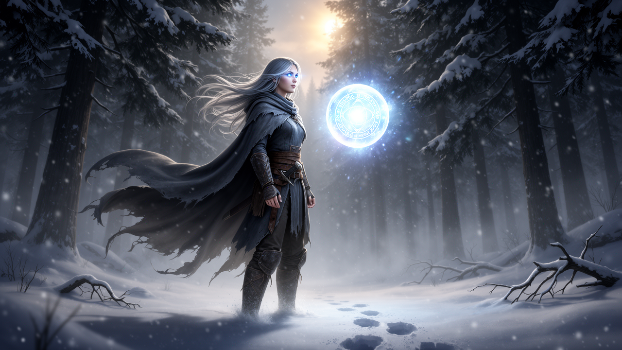 A mystical young woman with silver hair and glowing blue eyes stands amidst an ancient, snow-laden forest, her tattered cloak billowing in the icy wind as she gazes at a floating orb of ethereal li...