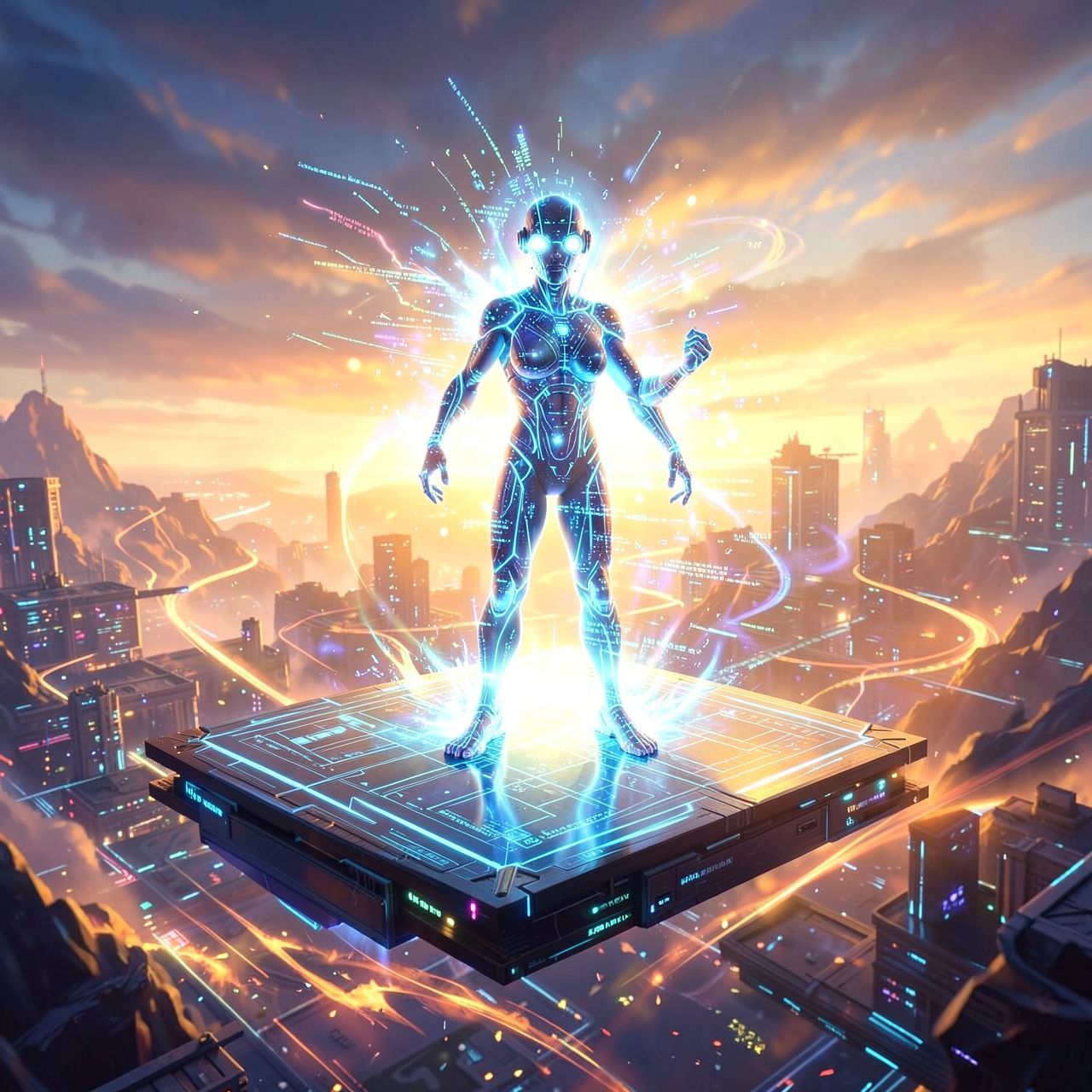 A sentient AI entity emerges from a glowing data stream, its form shifting between light and code, standing atop a floating digital platform in a vast, ethereal cyber-landscape. Golden hour sunligh...