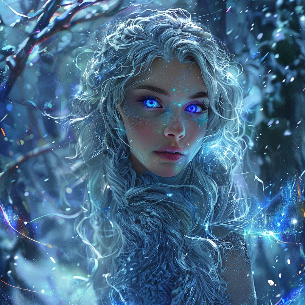 mystical young woman with silver hair and glowing blue eyes stands amidst an ancient, snow-laden forest, magical aura