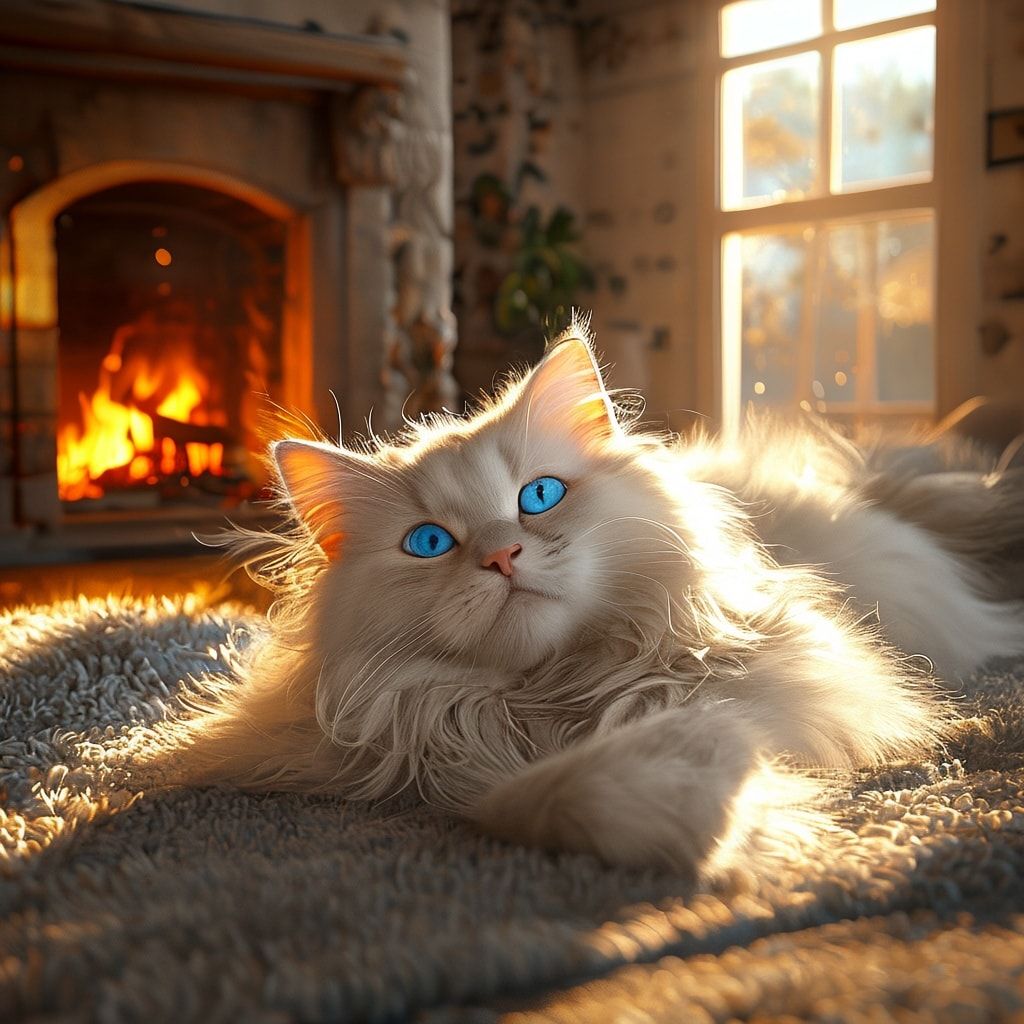 A cute fluffy long-haired white cat with bright blue eyes, lying on a soft gray carpet in a cozy living room with a warm fireplace in the background. Bathed in warm golden hour sunlight streaming through a nearby window. Highly detailed photorealistic style, serene and cozy atmosphere, 1024x1024 pixels