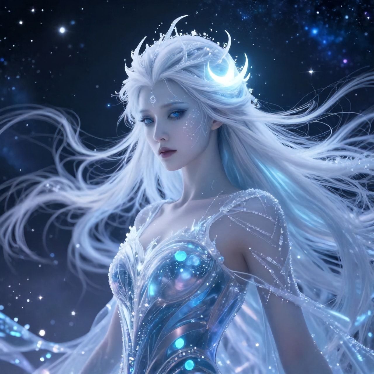 ethereal frozen oracle girl, pale icy skin, white-silver hair, luminous moon sigil, frost particles, cosmic silence, cinematic ultra-detailed