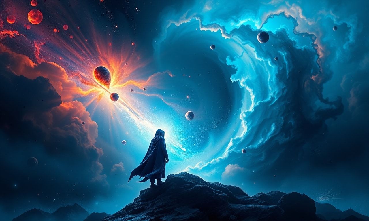 A solitary figure in a deep blue cloak stands at the edge of a swirling nebula, their form illuminated by the ethereal glow of cosmic energy, surrounded by a storm of fractal light and dark matter,...
