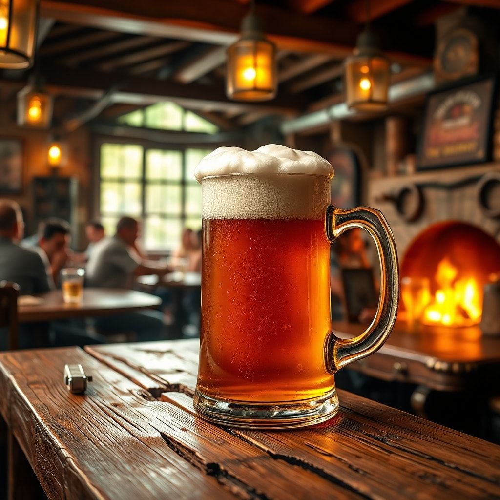 A frothy, overflowing tankard of golden ale rests on a weathered oak table, glowing under the warm amber light of a crackling hearth. The bustling tavern hums with laughter and clinking mugs, its s...