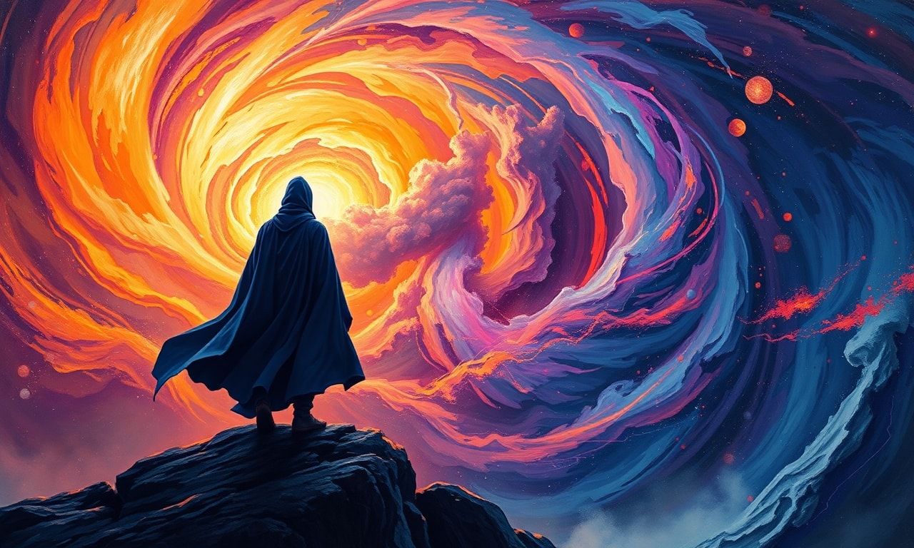 A lone wanderer, draped in a flowing indigo cloak, stands at the precipice of a swirling cosmic vortex, their silhouette sharply defined against the vibrant, fractal storm of energy. The maelstrom ...