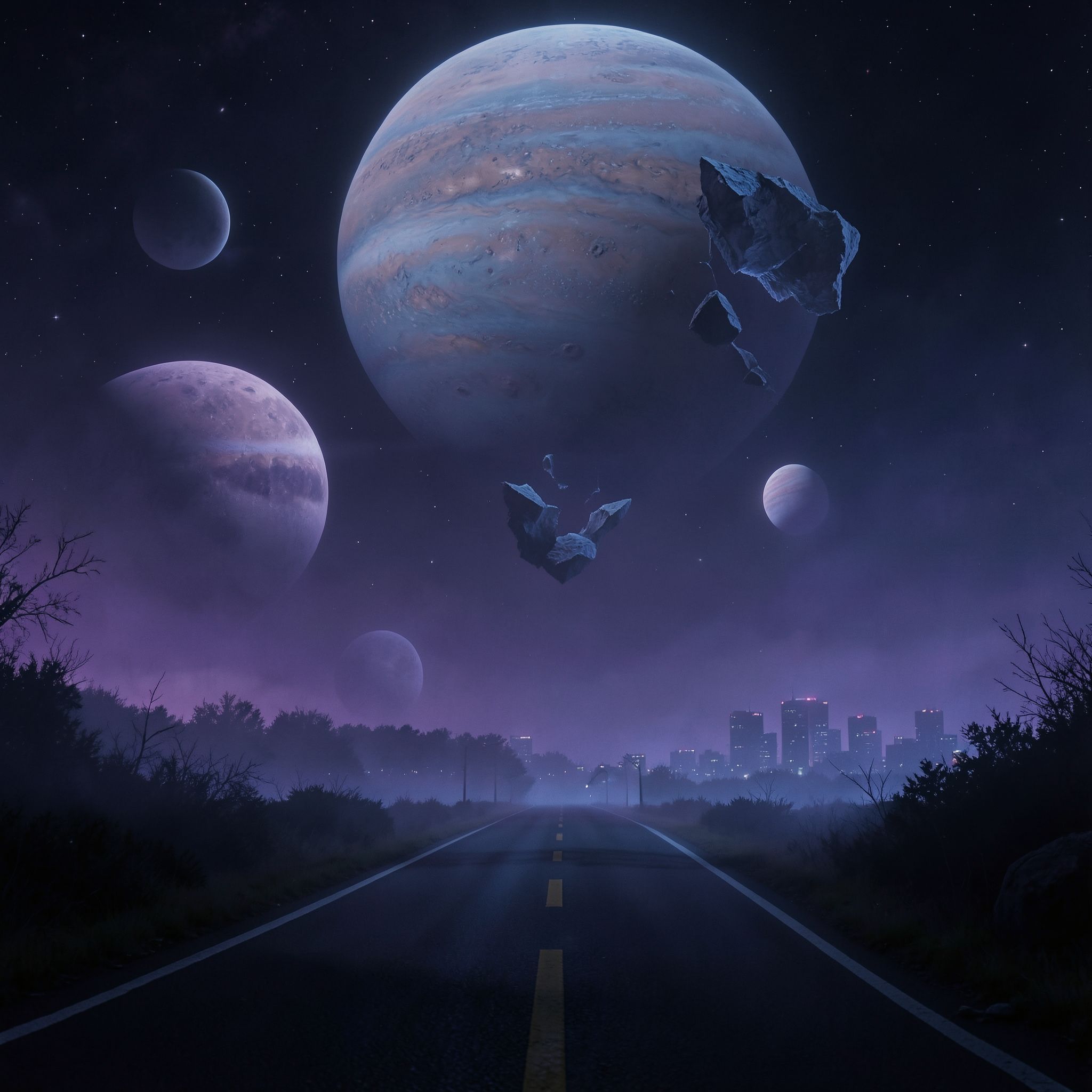 A dark, cinematic synthwave scene where a lonely night road fades into an otherworldly cosmic landscape. The city feels distant and abstract, barely visible through deep violet and blue mist. Above the horizon, massive planets and fractured moons glow softly, suspended in the dark sky like ancient celestial beings.
