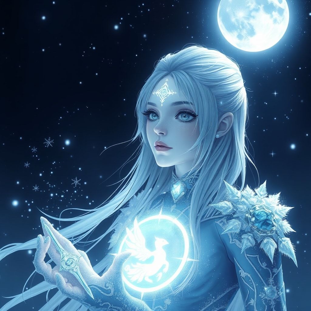 ethereal frozen oracle girl, pale icy skin, white-silver hair, luminous moon sigil, frost particles, cosmic silence, cinematic ultra-detailed