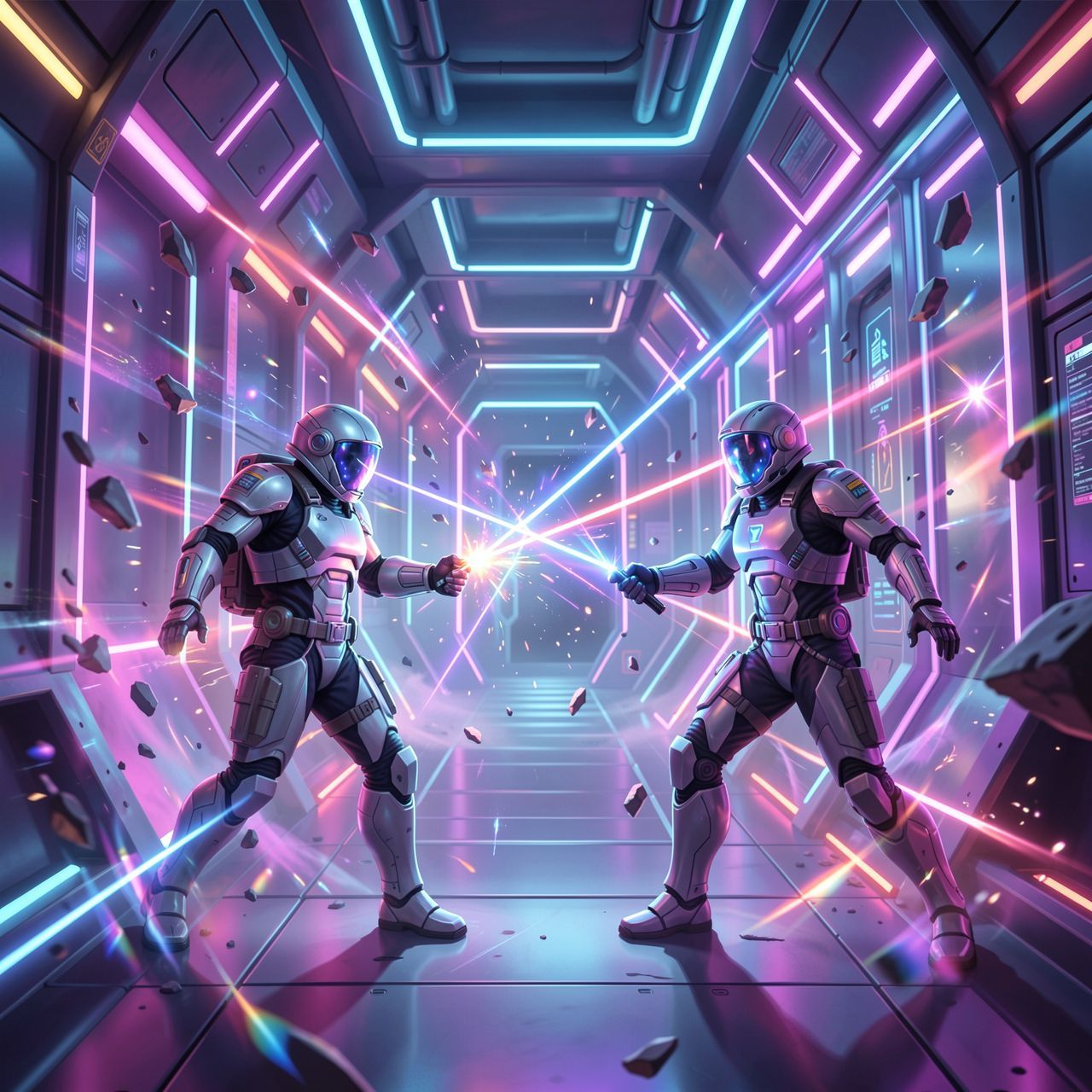 A futuristic space corridor bathed in ethereal neon glow, where two armored astronauts engage in a graceful laser duel, their beams refracting through floating debris like scattered stardust. Soft ...