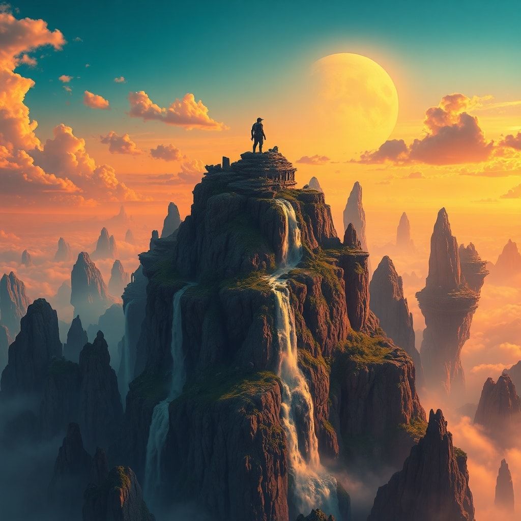 A vast expanse of floating islands drifts through a golden twilight sky, their jagged cliffs adorned with ancient ruins and cascading waterfalls. A lone adventurer stands atop the highest peak, sil...