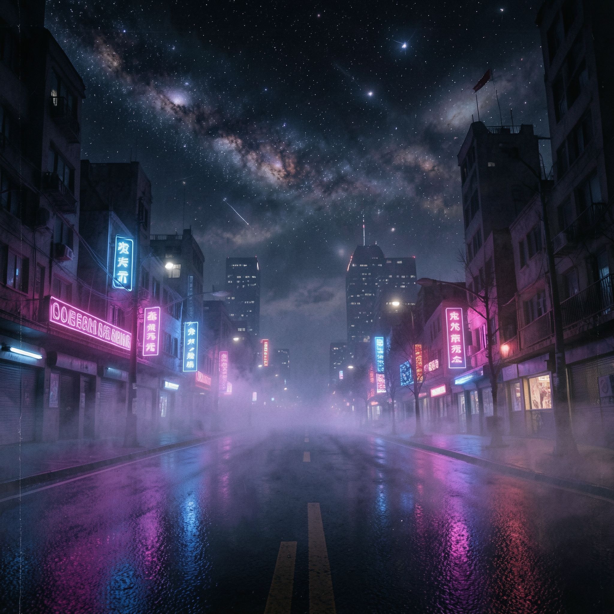 A dark synthwave cinematic scene: an empty night road cutting through a futuristic noir city, glowing with deep neon lights in purple, blue, and crimson. Thick fog drifts across the street, reflecting neon signs and distant skyscrapers. Above the city, the night sky opens into a surreal cosmic view — stars, nebula clouds, and faint galaxies blending into the urban skyline. The atmosphere is mysterious, epic, and cinematic, mixing cyberpunk noir with cosmic fantasy. High contrast lighting, dramatic perspective, wide-angle shot, neon reflections on wet asphalt, volumetric fog, deep shadows, subtle film grain, retro-futuristic color palette, epic dark mood, like a scene from a sci-fi movie.