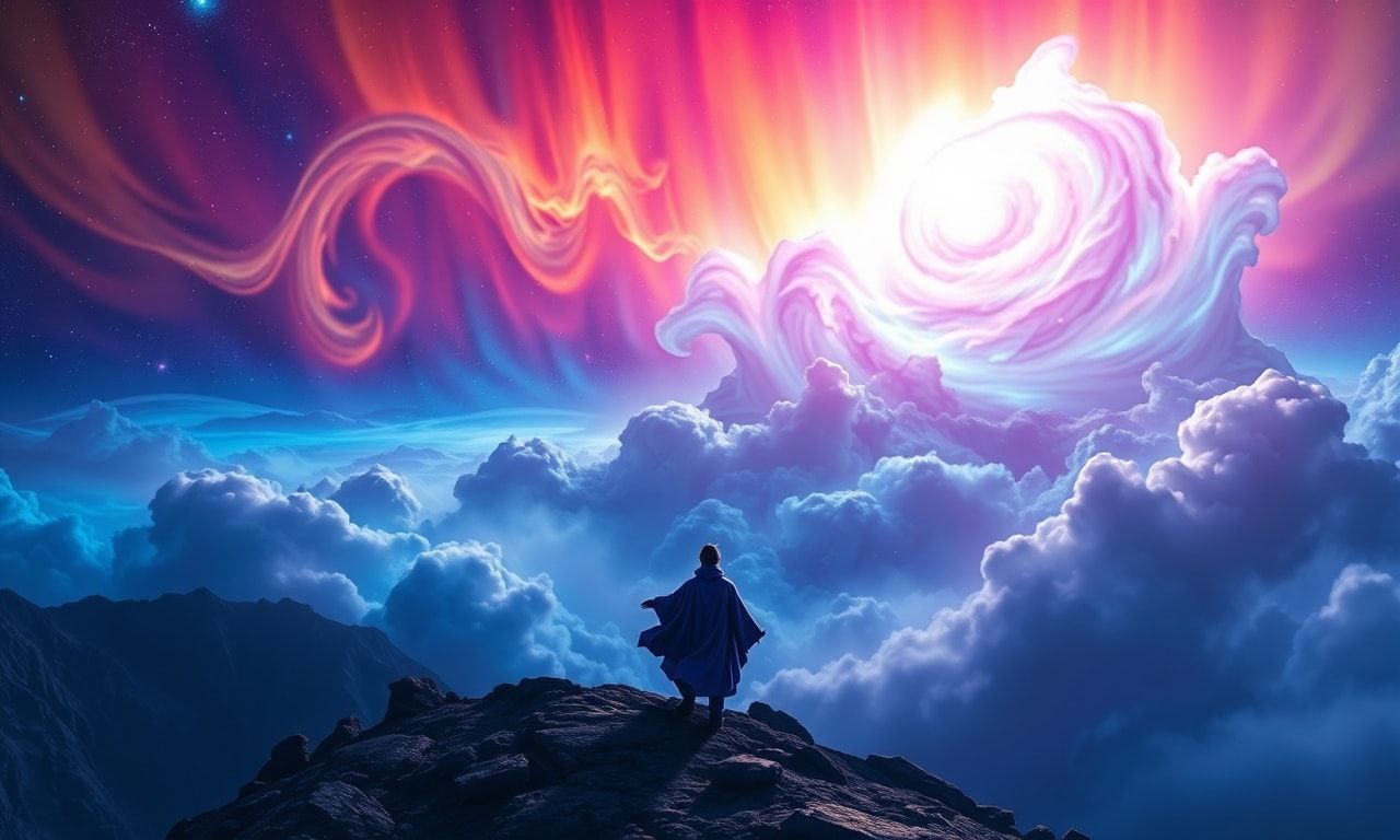 A lone traveler in a flowing indigo robe stands at the precipice of an infinite cosmic storm, their silhouette bathed in the radiant hues of a celestial aurora, as swirling tendrils of luminous gas...