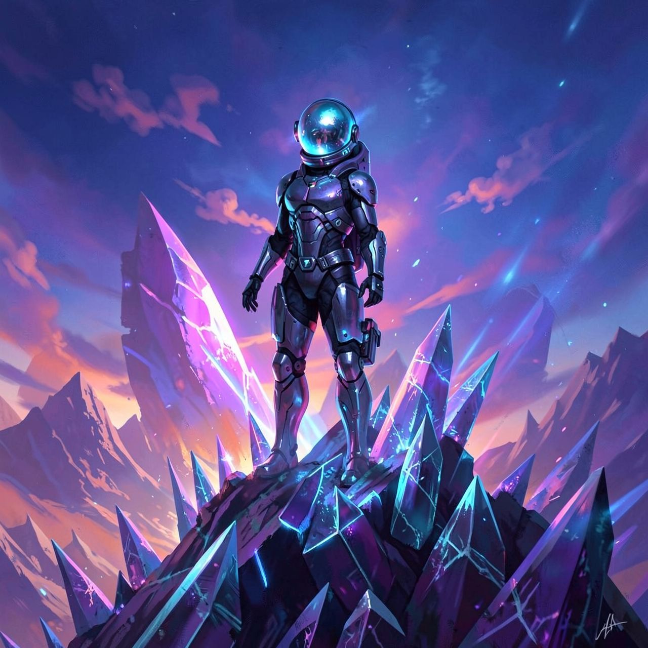 A lone astronaut in a sleek, futuristic exosuit stands atop a towering, razor-sharp crystalline ridge on a distant alien world, their helmet visor reflecting the haunting, ethereal glow of twin bio...