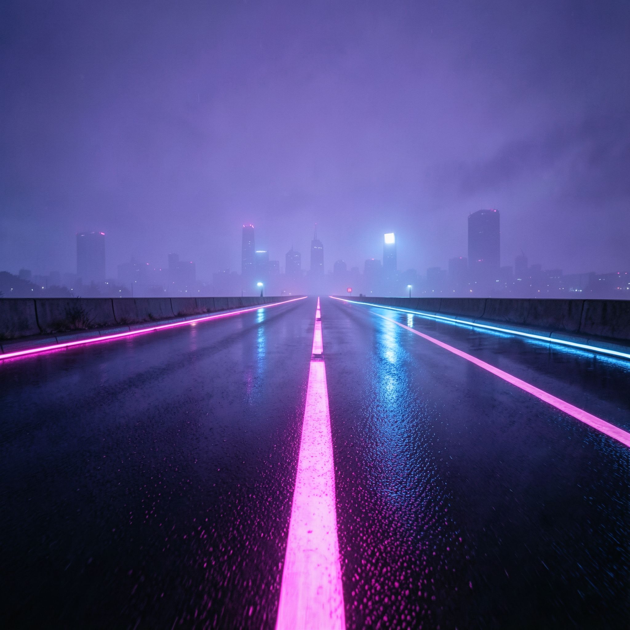 A cinematic synthwave scene at night: a long, empty futuristic road dominates the foreground, glowing with neon pink and electric blue light. Wet asphalt reflects the neon glow, creating strong symmetrical reflections and a sense of motion and depth. In the far distance, a futuristic city skyline is barely visible through thick violet-blue fog, reduced to soft silhouettes with no visible details. The focus is entirely on the road and atmosphere, not the buildings. The mood is lonely, epic, and retro-futuristic, inspired by synthwave aesthetics. 80s cyberpunk mood, neon haze, minimal city presence, wide-angle perspective, cinematic lighting, retro-futurism, ultra-detailed, high contrast, album cover, 4K, no text, no signs, no billboards, no letters, no symbols, no logos.